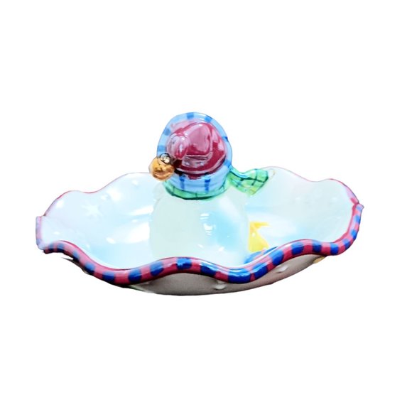 Luster Candy Dish With Attached Snowman Christmas Dish Winter 7" - Picture 3 of 6